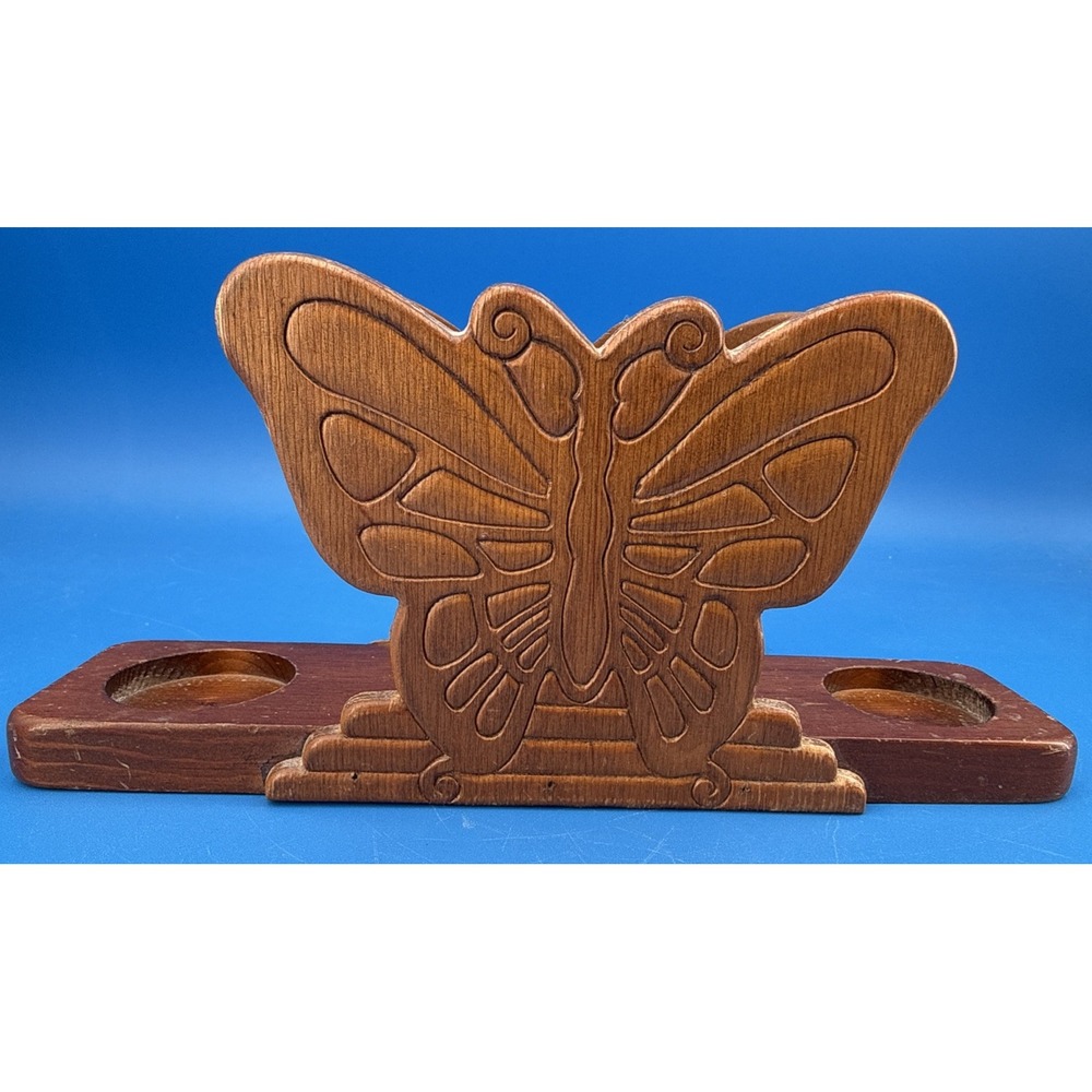 Vintage MCM Wooden Butterfly Napkin and Salt & Pepper Shaker Holder No Shakers